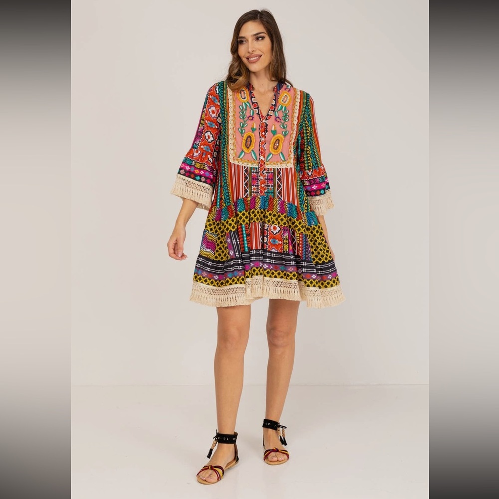 Summer dress boho folk colorful unique pink red midi wedding dress